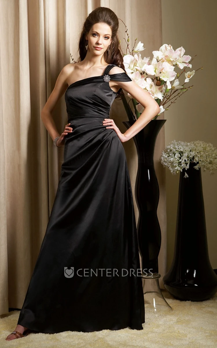 One-Shoulder Long Taffeta Gown With Brooch And Ruches
