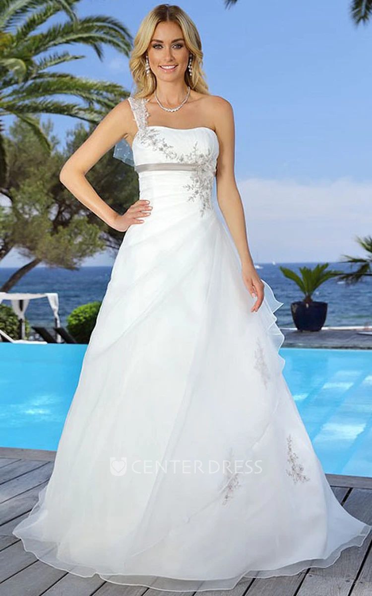One-Shoulder Maxi Floral Draped Chiffon&Tulle Wedding Dress With Appliques