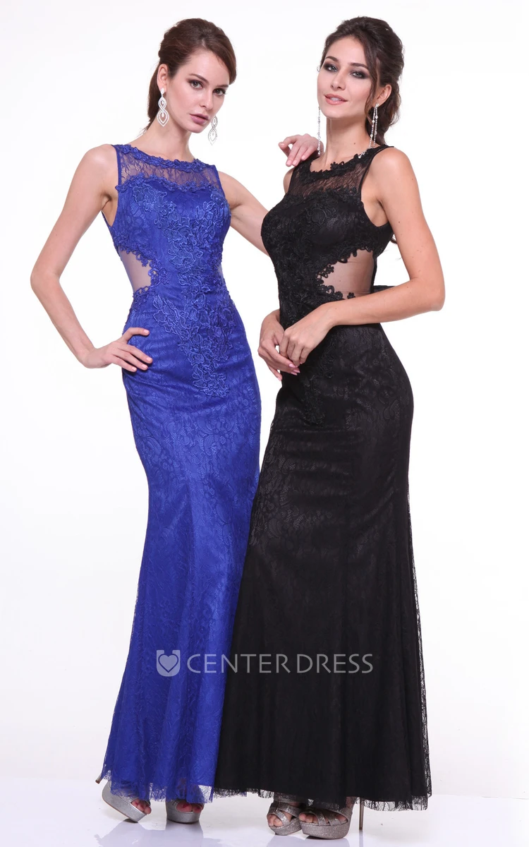 Sheath Ankle-Length Jewel-Neck Sleeveless Lace Illusion Dress With Appliques