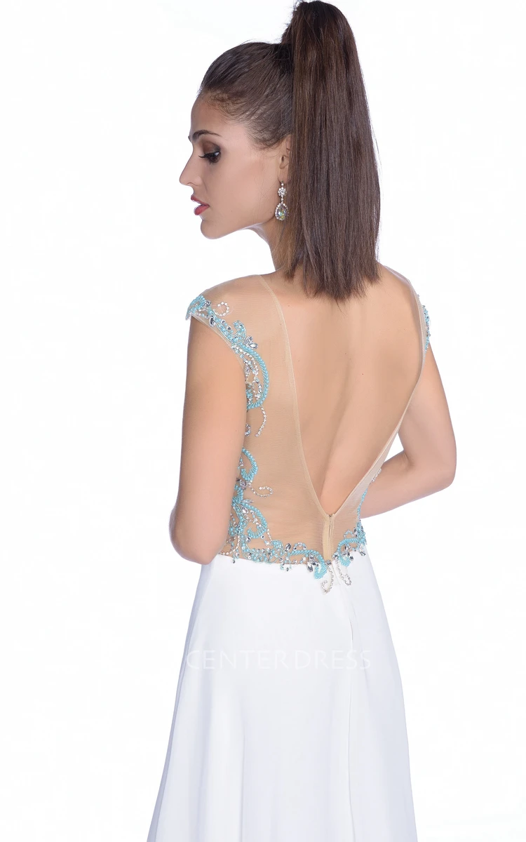 Column Chiffon Sleeveless Gown Featuring Jeweled Bodice And Deep V-Back