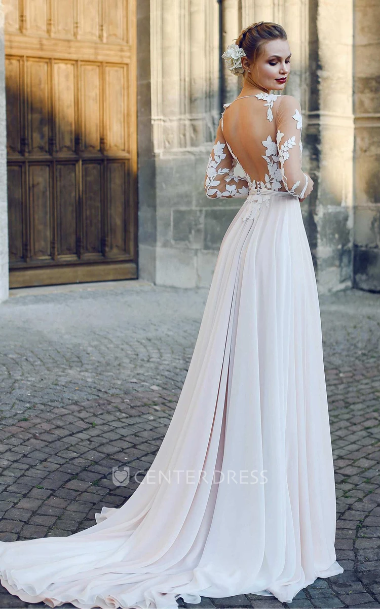 Bateau Illusion Long Sleeve Appliqued A-Line Chiffon Wedding Dress
