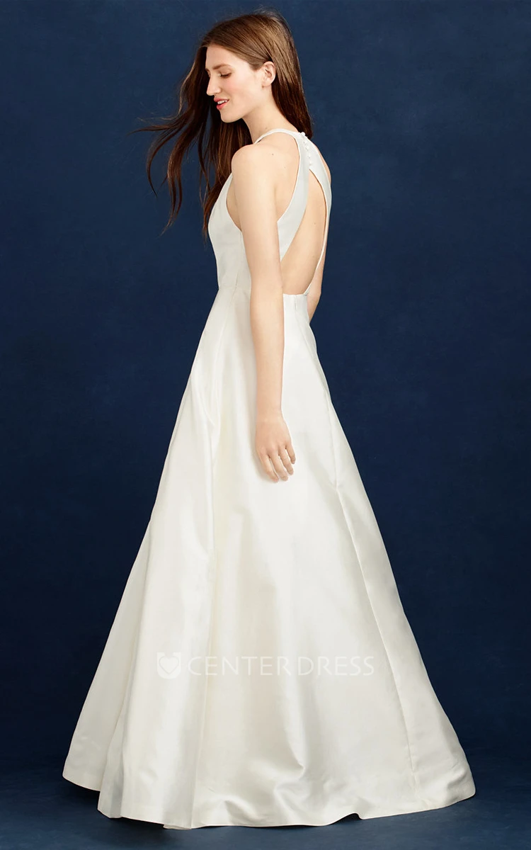 A-Line Long Scoop-Neck Sleeveless Satin Wedding Dress