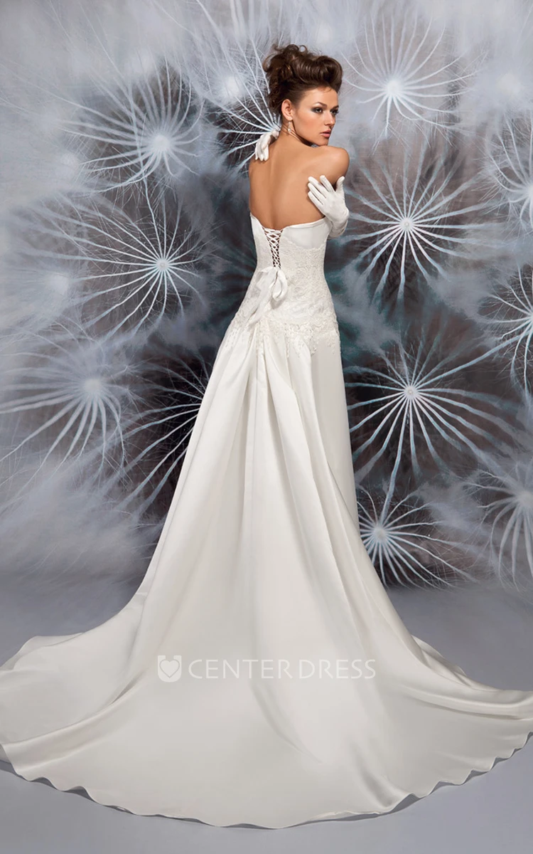 Sheath Floor-Length Beaded Sleeveless Sweetheart Satin Wedding Dress With Lace-Up Back And Bow