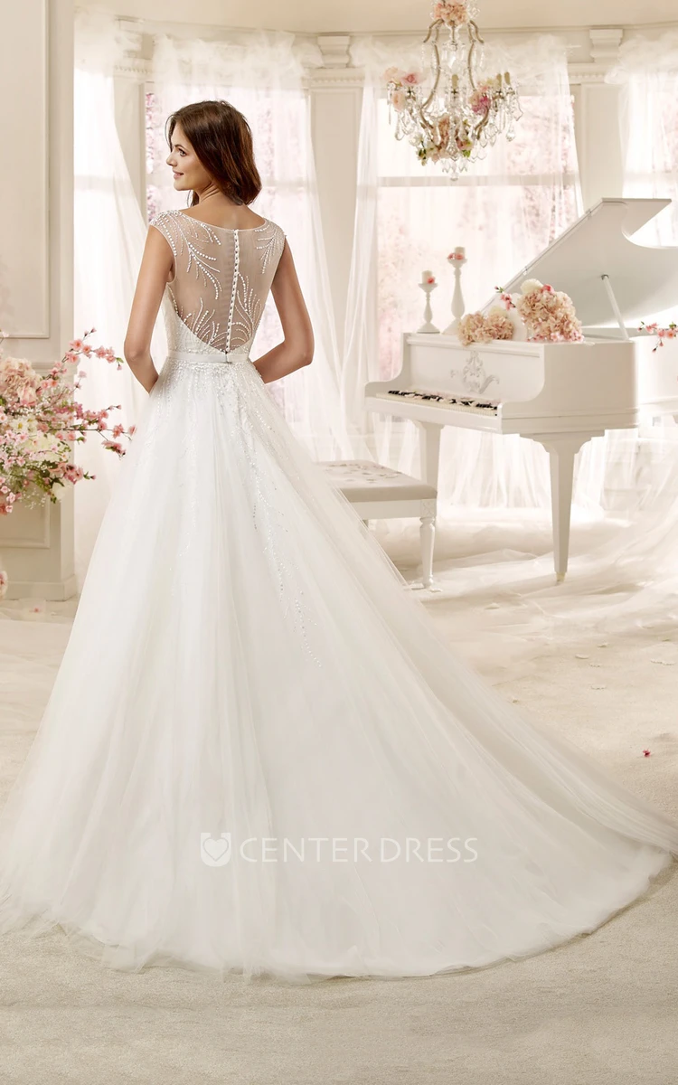 Cap sleeve A-line Wedding Dress with Illusive Design and Beaded Details