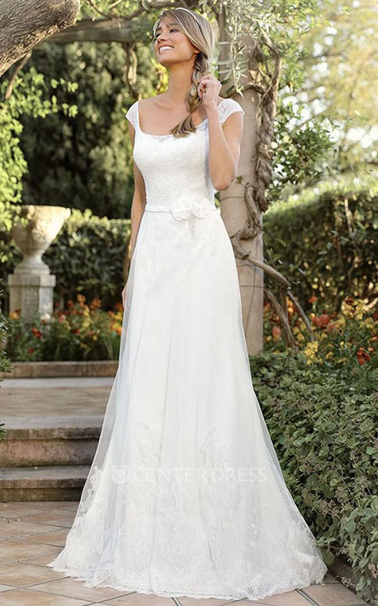 A-Line Cap-Sleeve Square-Neck Lace Wedding Dress