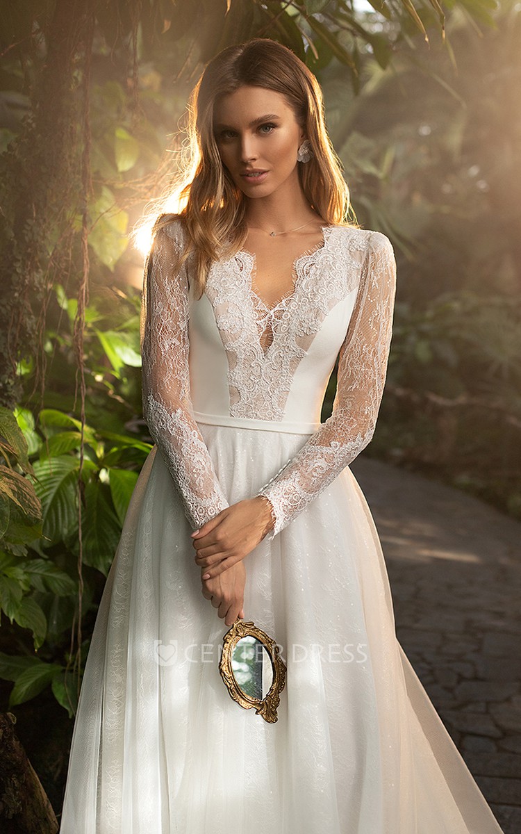 Casual A Line Lace Tulle Scalloped Neck Wedding Dress With Long Sleeve And Sequins