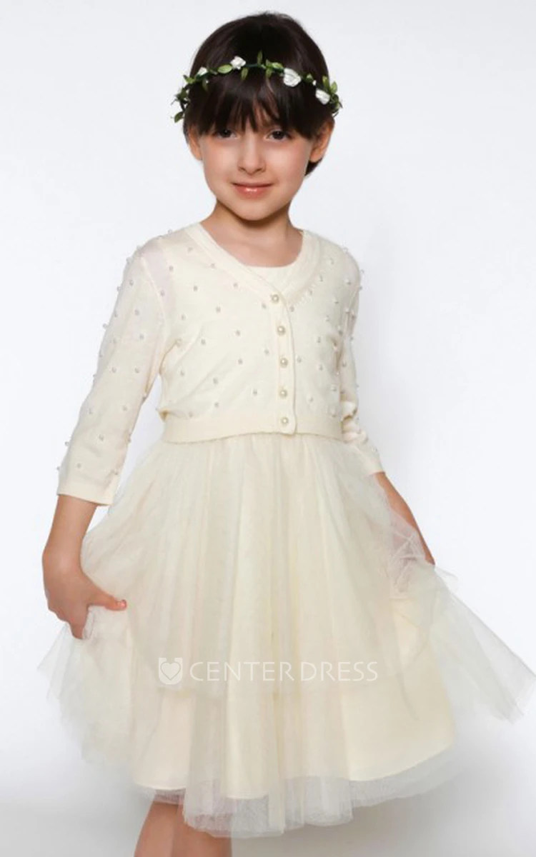 A-Line Scoop-Neck Jacket 3-4-Sleeve Long Tulle Flower Girl Dress With Pleats