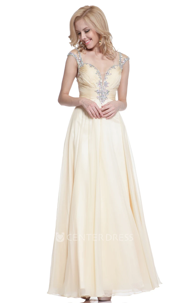 A-Line Ankle-Length Queen Anne Keyhole Dress With Ruching And Beading