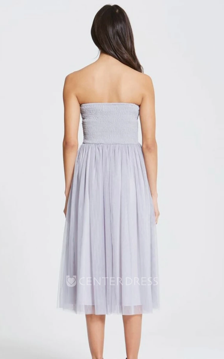 Tea-Length Strapless Appliqued Tulle Bridesmaid Dress With Pleats