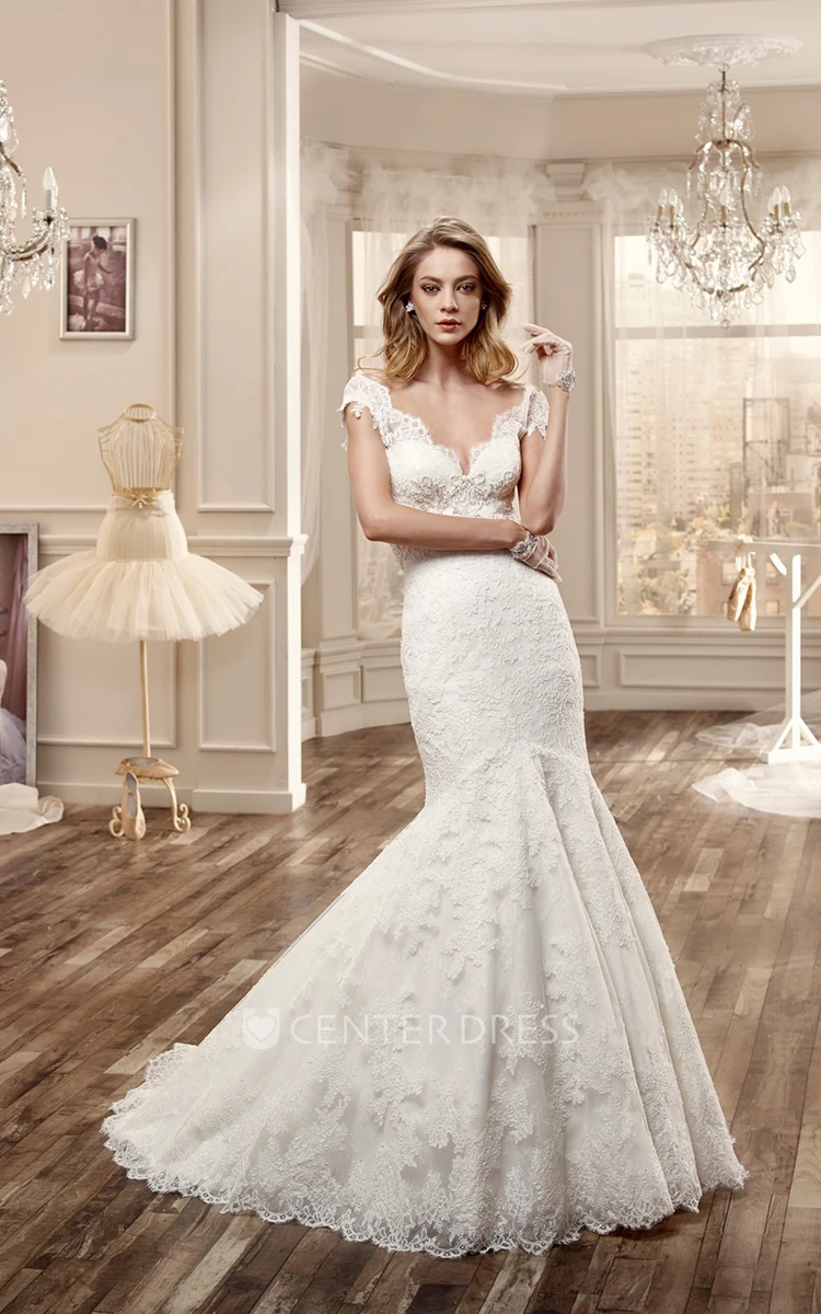 Deep-V Neck Lace Wedding Dress With Mermaid Style And Open Back