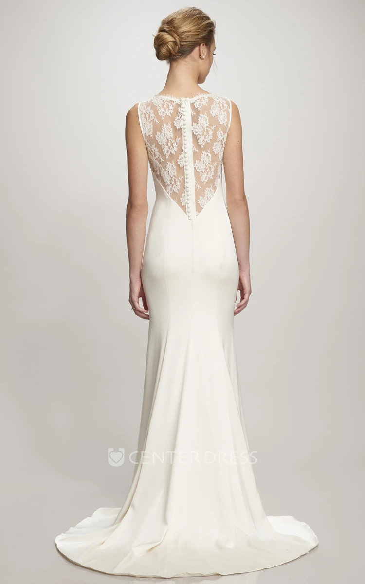 A-Line Sleeveless Floor-Length Lace Satin Wedding Dress With Illusion Back And Sweep Train