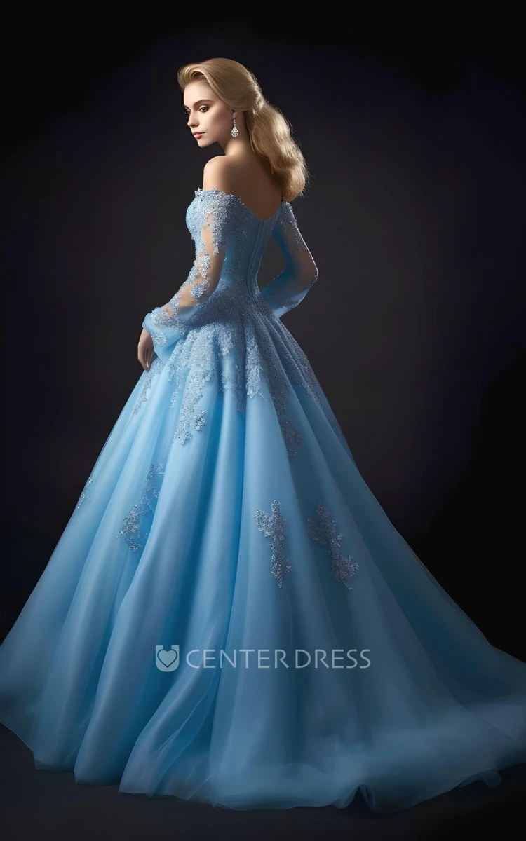 Blue Princess A-Line Ball Gown Tulle Long Sleeve Evening Dress Modern Sweetheart Sweep Train Prom Dress