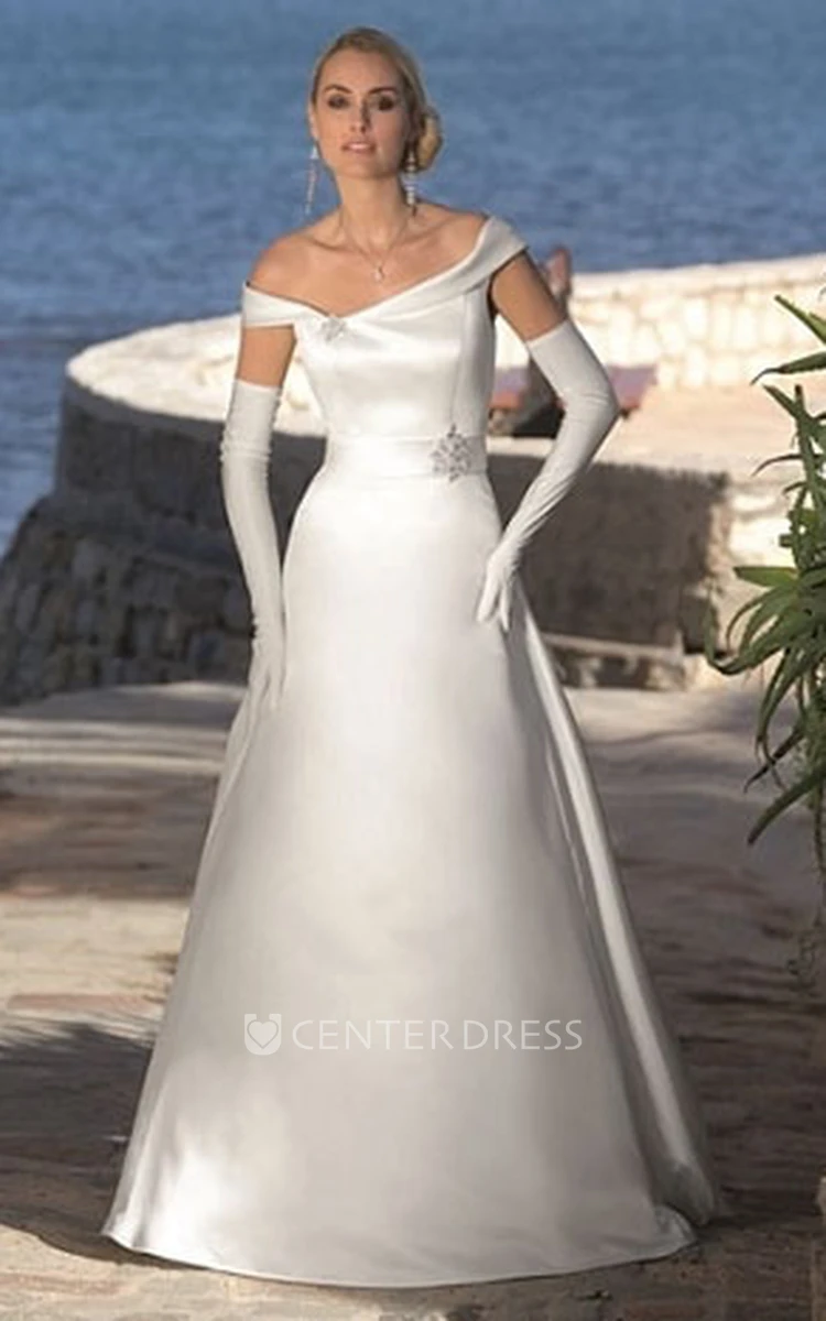 A-Line Off-The-Shoulder Satin Wedding Dress With Broach