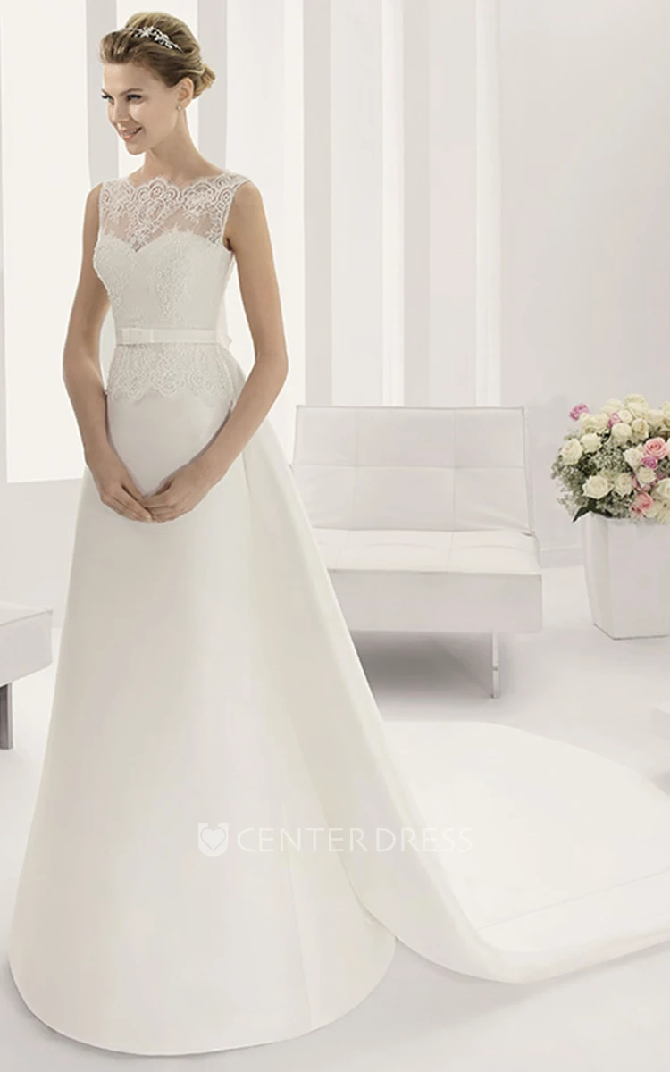 Lace Top Sheath Satin Bridal Gown With Belt