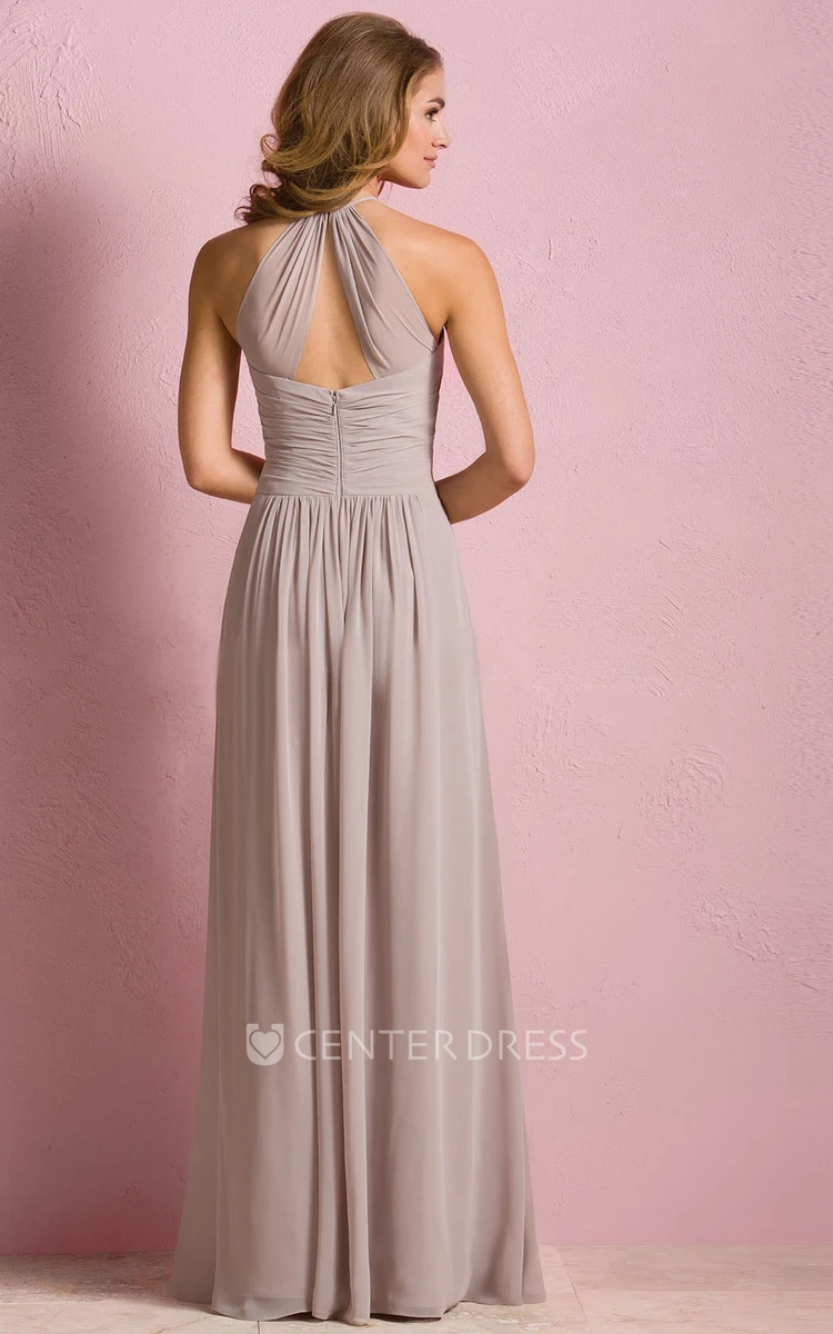 High-Neck Long A-Line Gown With Pleats And Keyhole Back