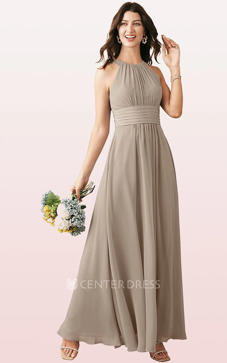 Modern Chiffon Ankle-length Halter A Line Sleeveless Bridesmaid Dress With Ruching