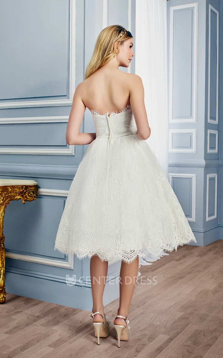Strapless Tea-Length Lace Wedding Dress With V Back