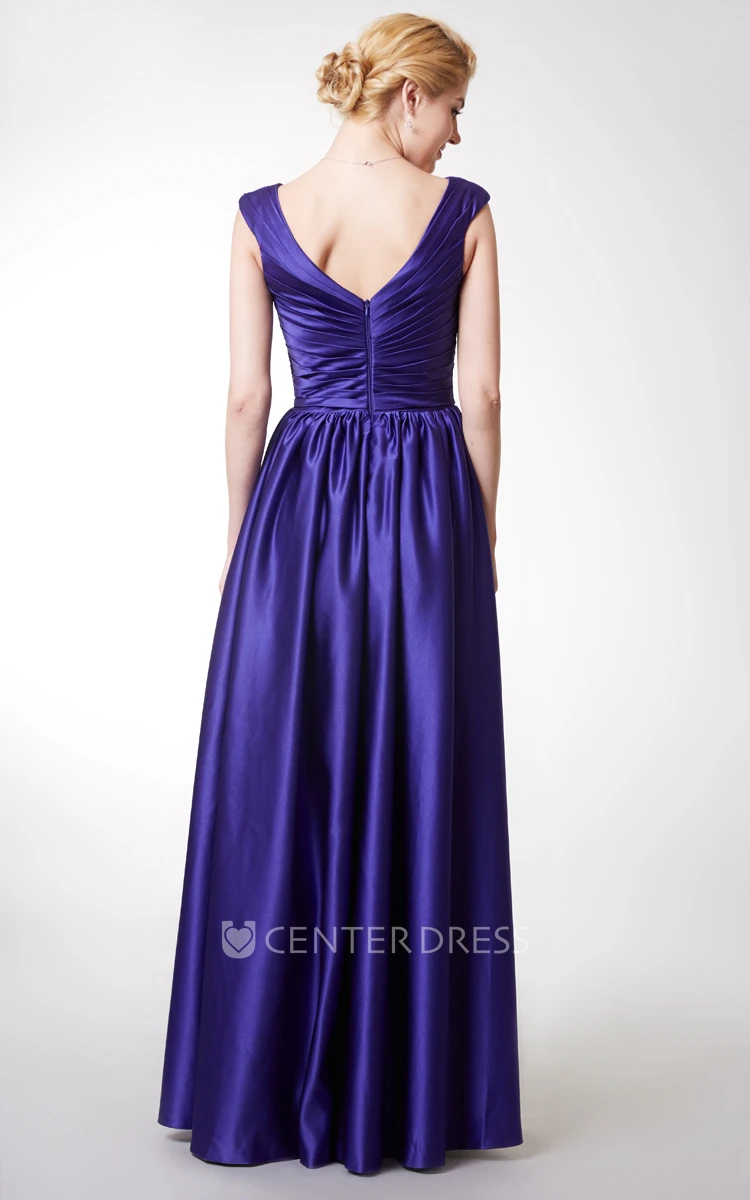 A-line Cap Sleeve V-neck Satin Gown With Pleats