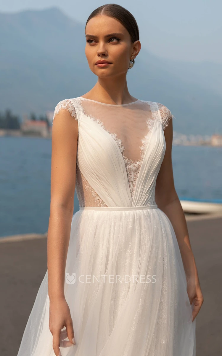 Bohemian A Line Bateau Neck Tulle Wedding Gown with Ruching