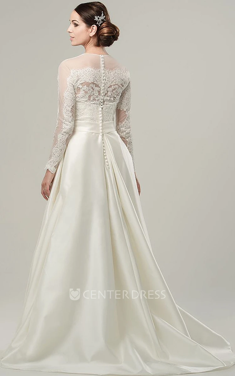 A-Line High Neck Long-Sleeve Satin Wedding Dress With Illusion