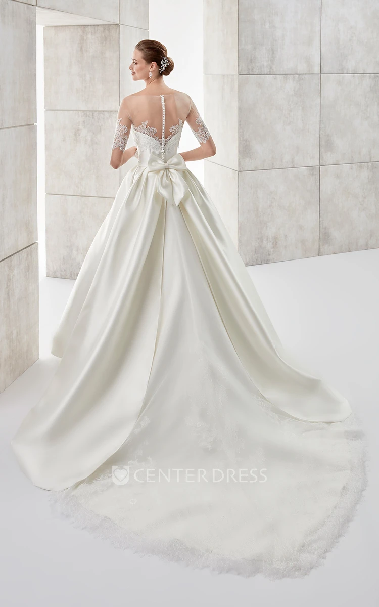 Strapless A-Line Satin Wedding Dress With Detachable Illusion Lace Coat And Back Bow