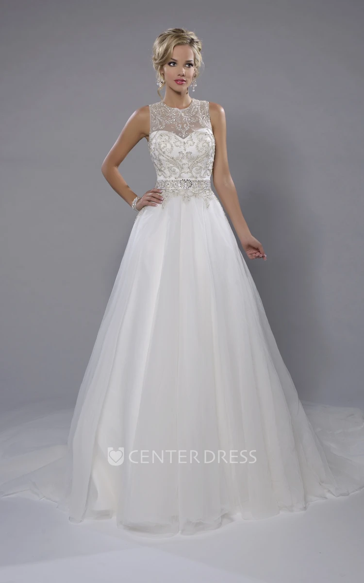 Tulle A-Line Sleeveless Jewel Neck Wedding Dress With Metallic Bodice
