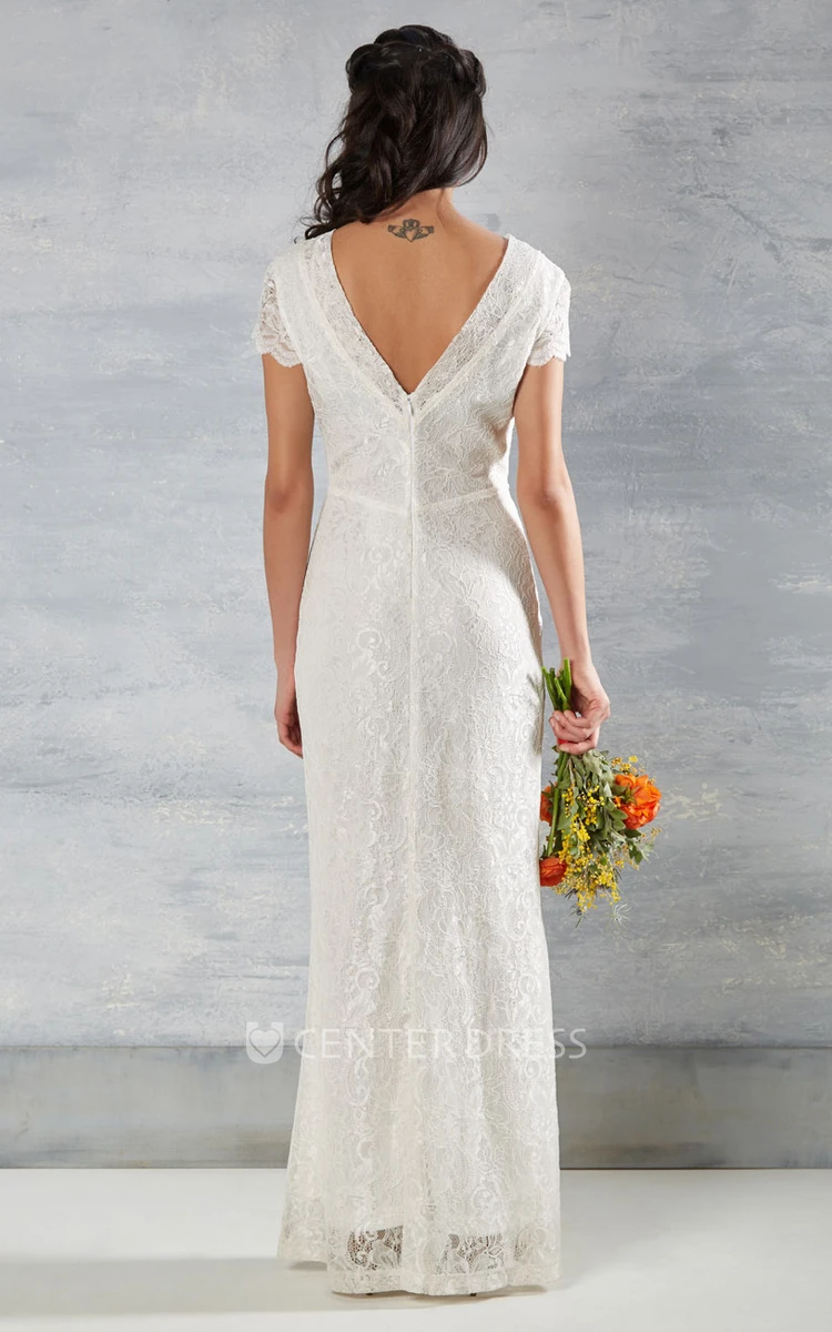 Sheath Cap-Sleeve Maxi V-Neck Lace Wedding Dress With V Back