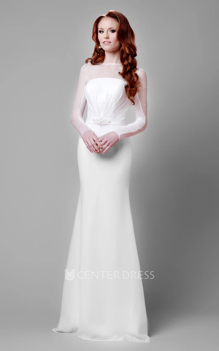 Long Sleeve Lace And Chiffon Wedding Dress With Illusion Back And Pearls