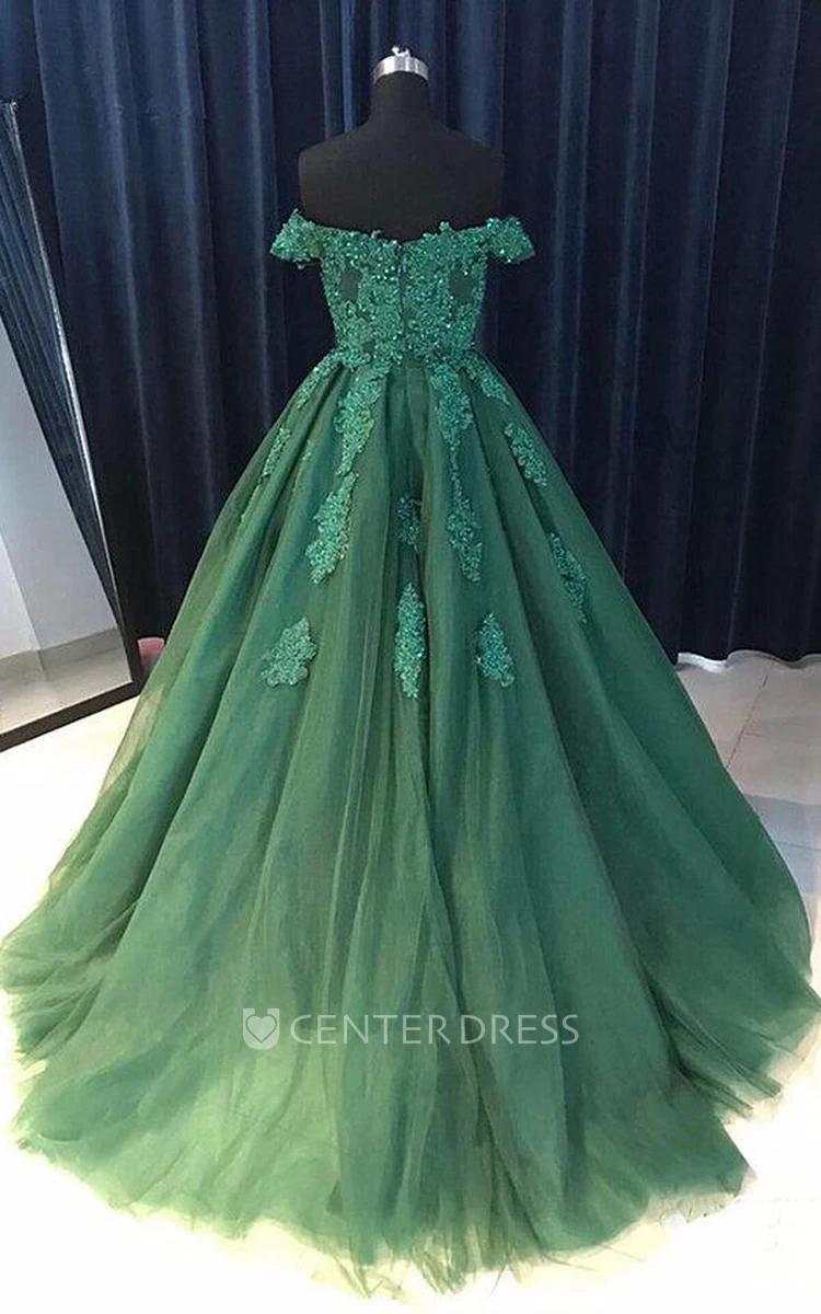 Cap Short Sleeve Sweep Brush Train Ball Gown Off-the-shoulder Lace Tulle Dress