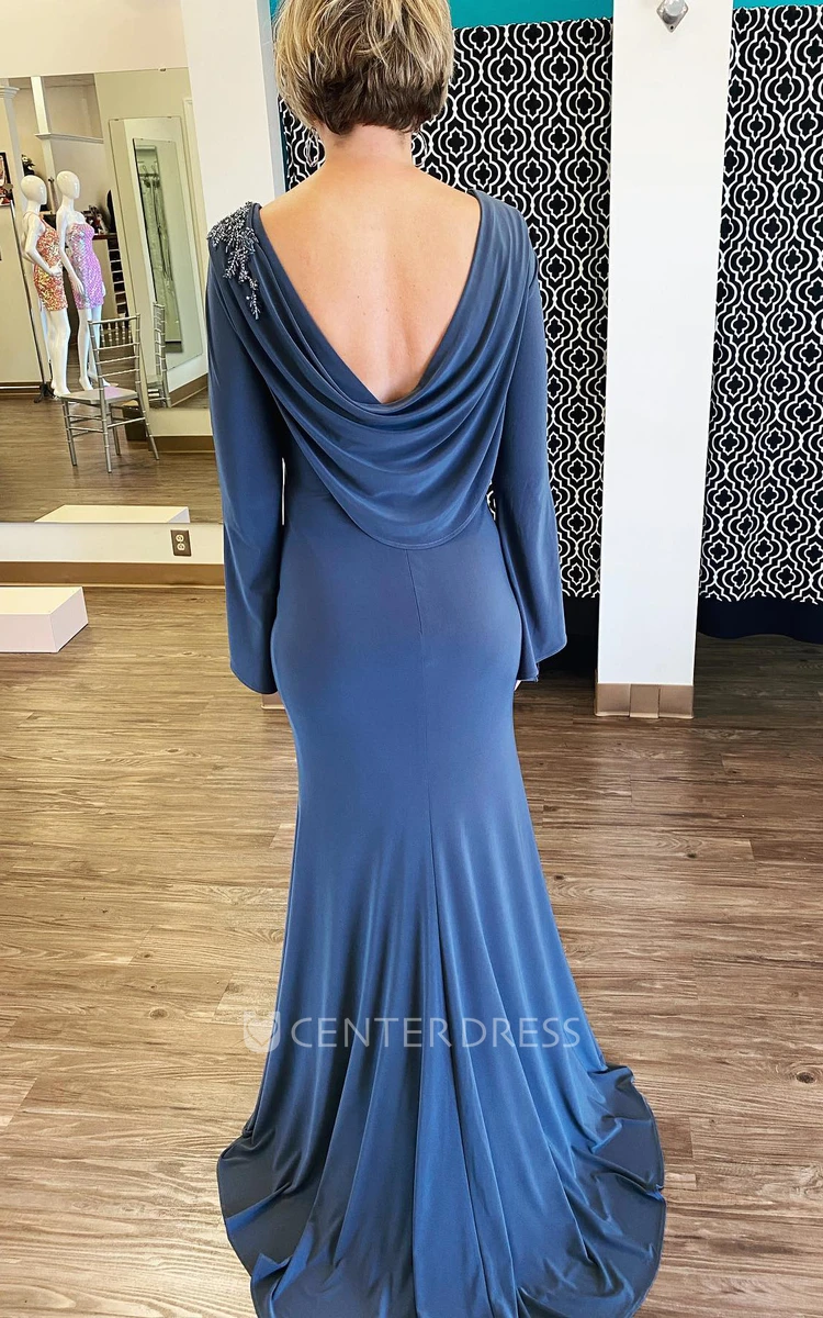 Elegant Sheath Jersey Wedding Guest Dress With Long Sleeve And Ruching
