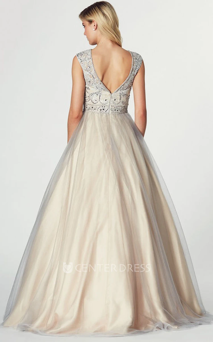 A-Line Floor-Length Sleeveless Beaded Jewel Tulle&Satin Prom Dress With Low-V Back