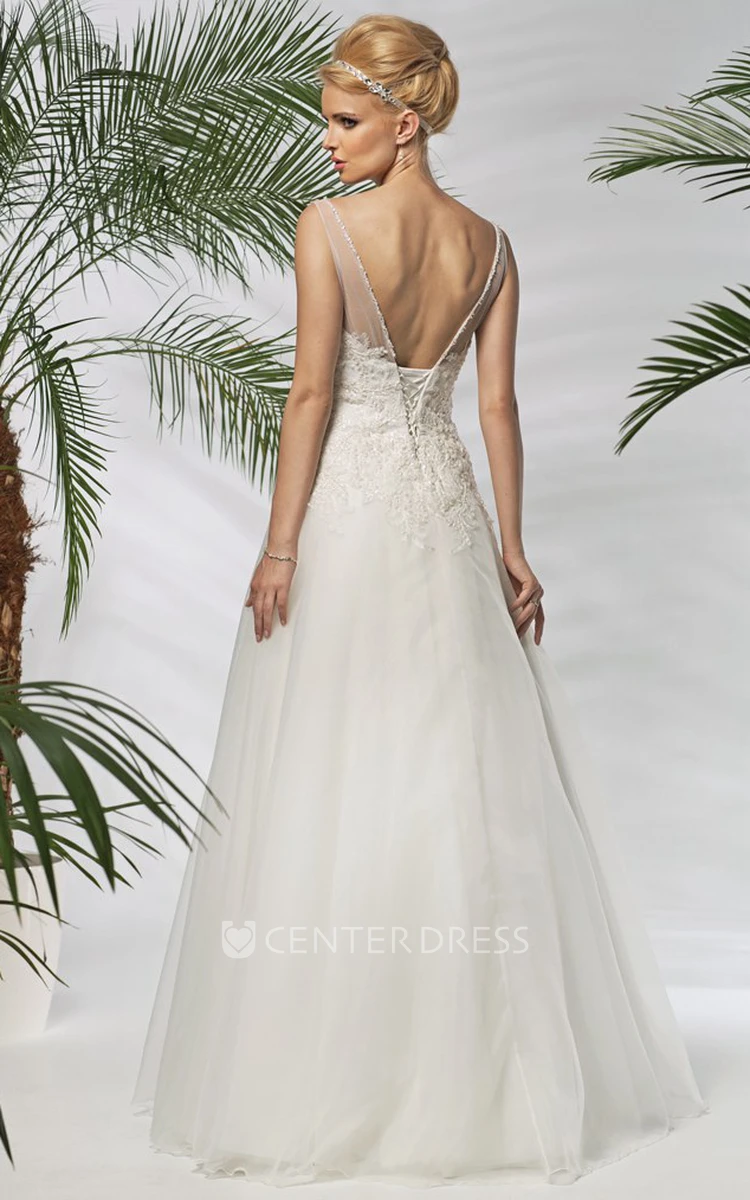 A-Line Appliqued Scoop-Neck Floor-Length Sleeveless Tulle&Satin Wedding Dress