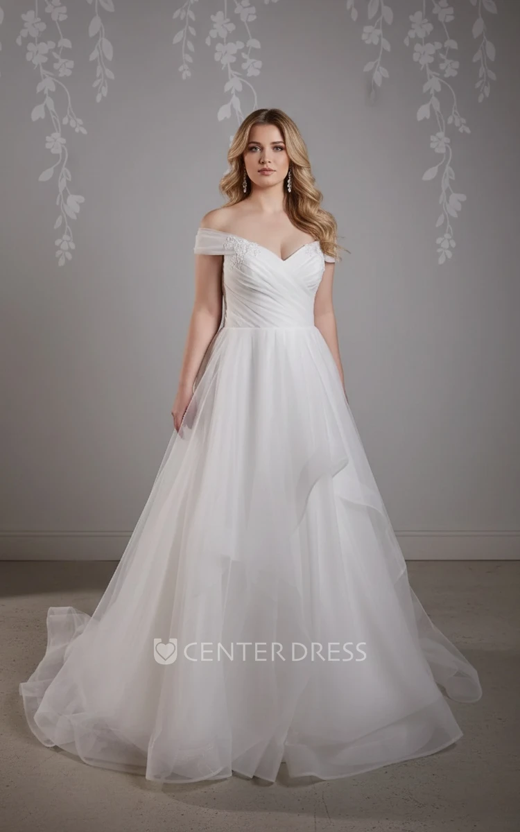 Simple Ethereal Plus Size A-Line Mature Wedding Dress Modern Flowy Off-the-Shoulder Ruffle Beading Ruching Bridal Gown