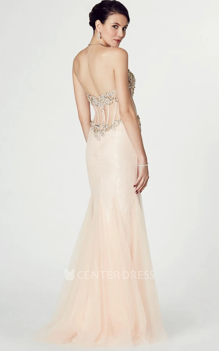 Mermaid Maxi Appliqued Sweetheart Sleeveless Tulle Prom Dress