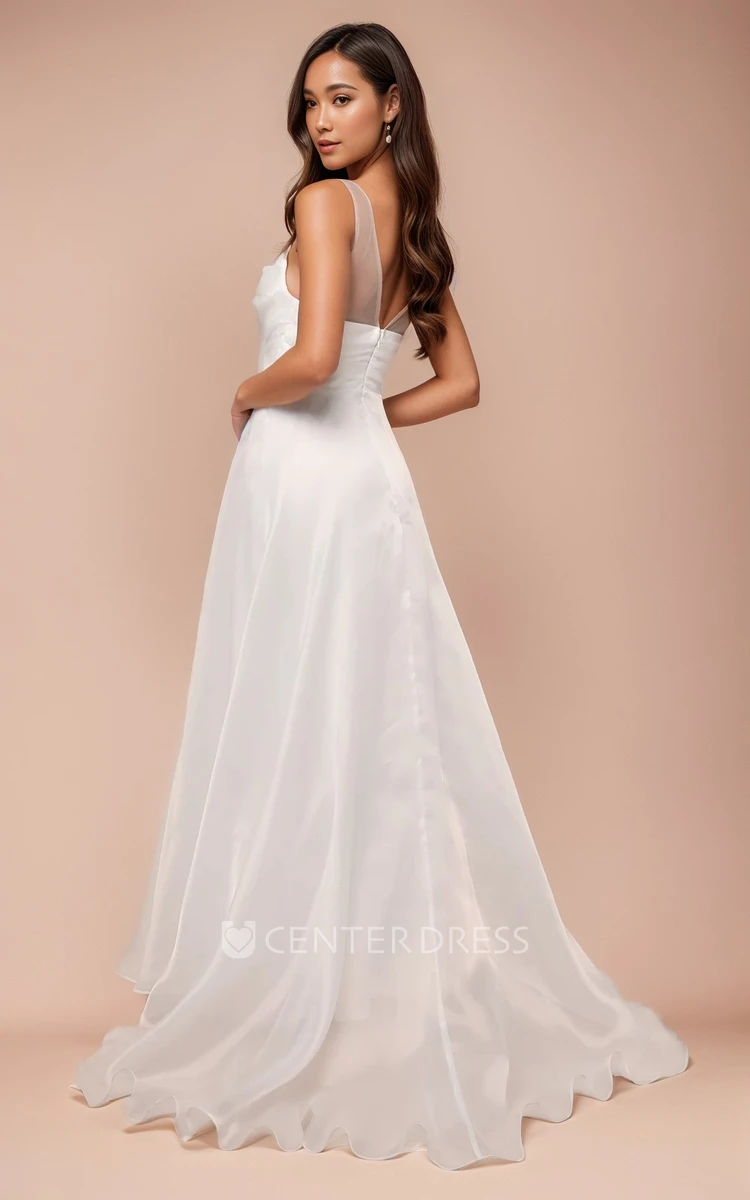 Simple Casual A-Line Sweetheart Neck Organza Wedding Dress Ethereal Elegant Sleeveless V Back Pleats Bridal Gown