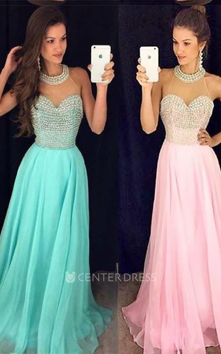 Timeless Beads High-Neck Long Prom Dress Chiffon Sleeveless Party Gowns