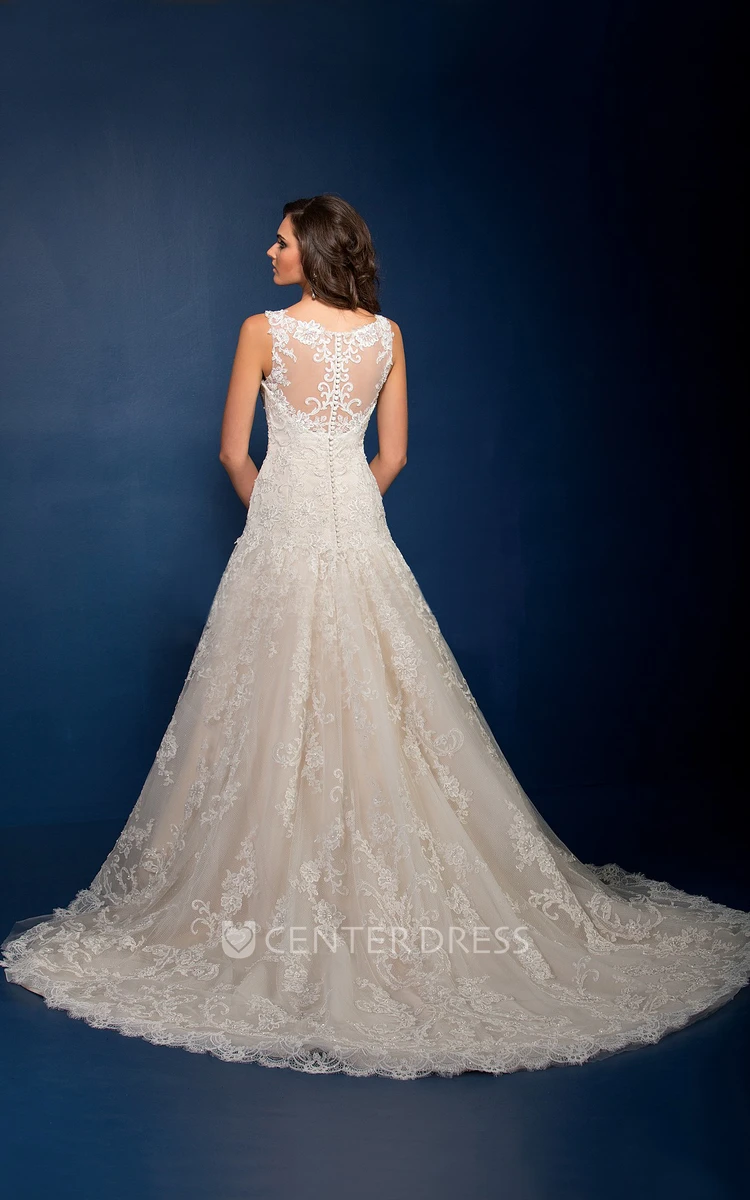 Sleeveless A-Line Wedding Dress With Bateau-Neck And Appliques