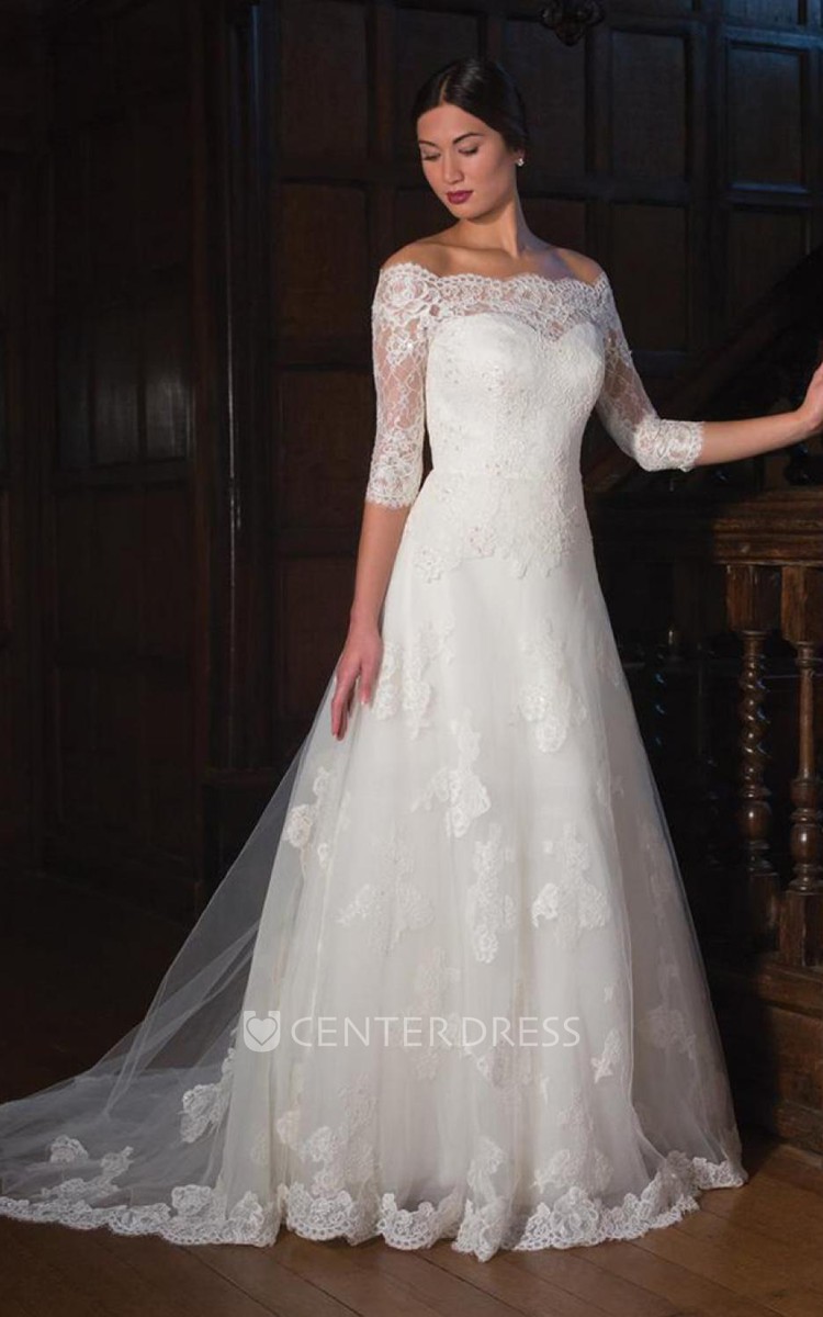 A Line 3 4 Sleeve Off The Shoulder Lace Tulle Wedding Dress With Illusion