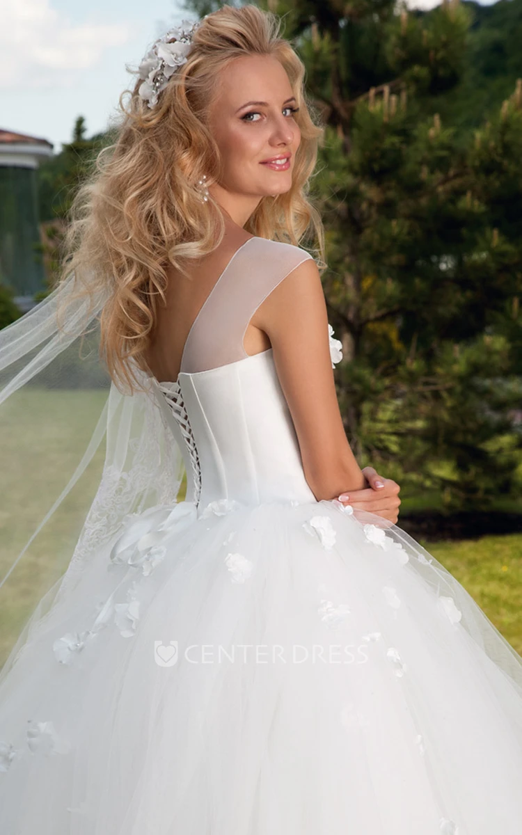 Long Scoop Floral Tulle Wedding Dress With Beading And Corset Back
