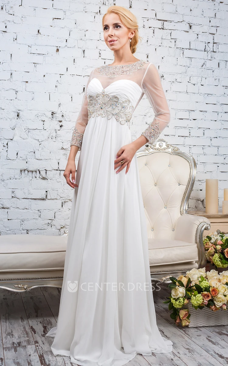 Sheath Bateau-Neck Floor-Length Beaded Long-Sleeve Tulle&Satin Wedding Dress With Pleats