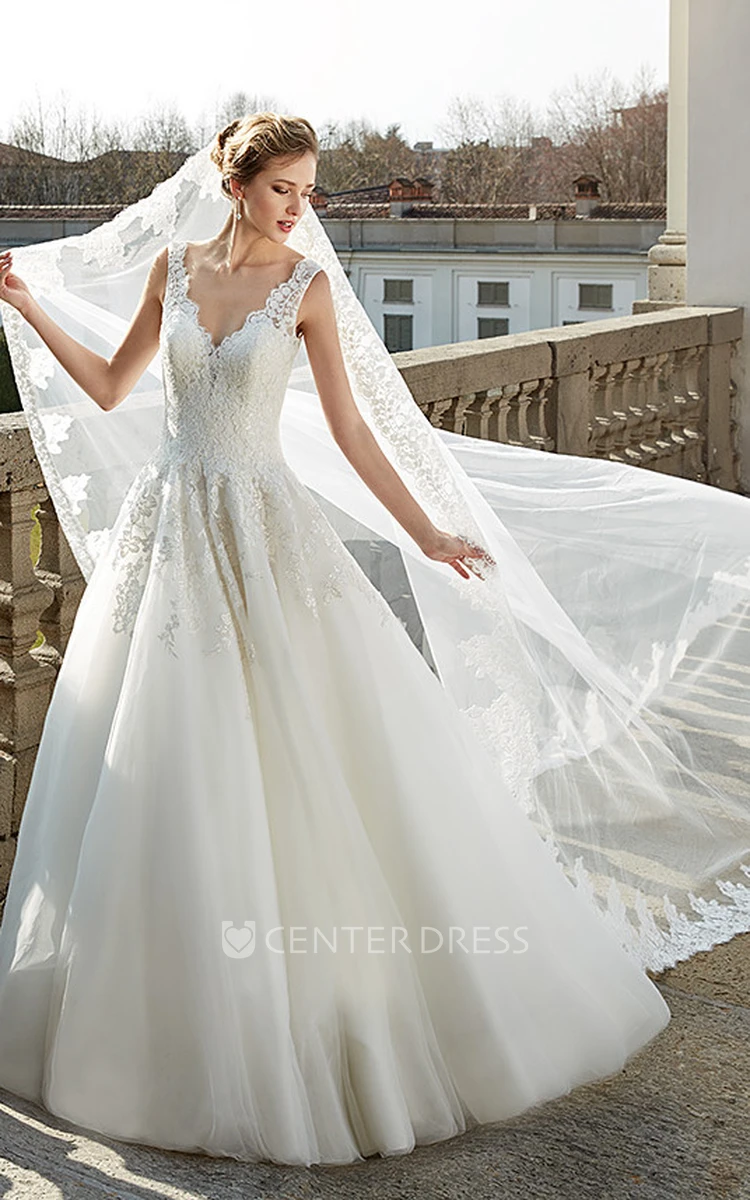 Ball Gown Appliqued Floor-Length V-Neck Sleeveless Tulle Wedding Dress