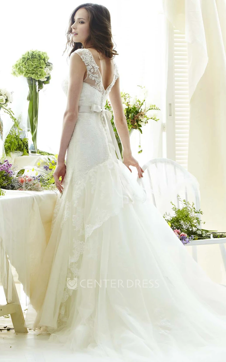 A-Line Appliqued Floor-Length Sleeveless Lace Wedding Dress With Ruffles And Waist Jewellery