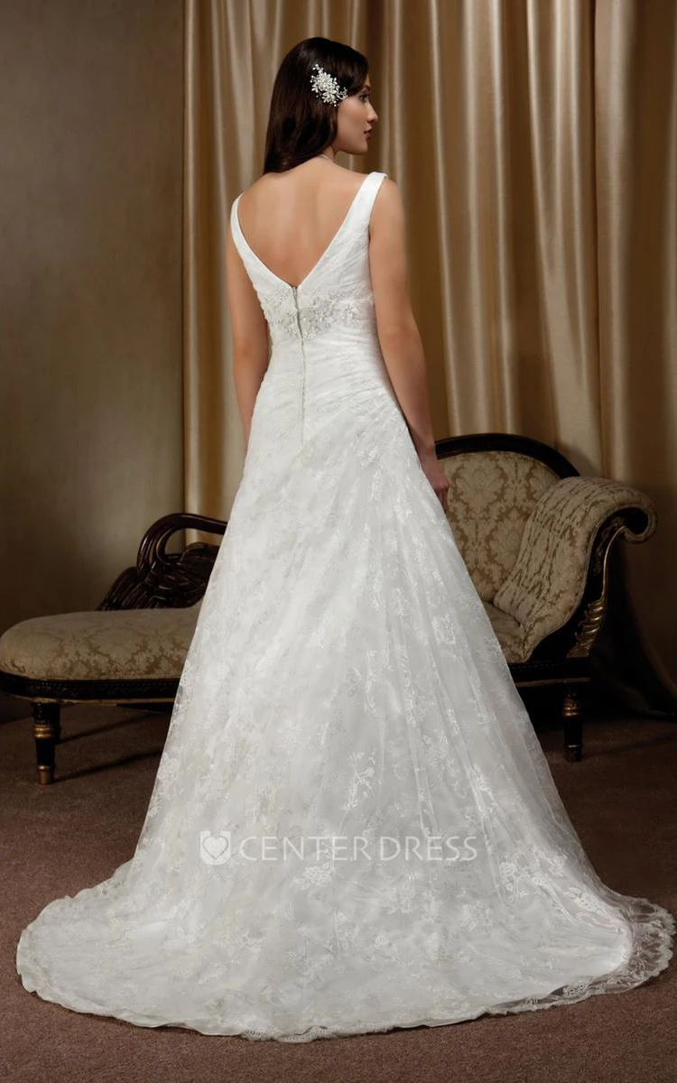 A-Line Floor-Length V-Neck Side-Draped Sleeveless Lace Wedding Dress With Appliques And Low-V Back