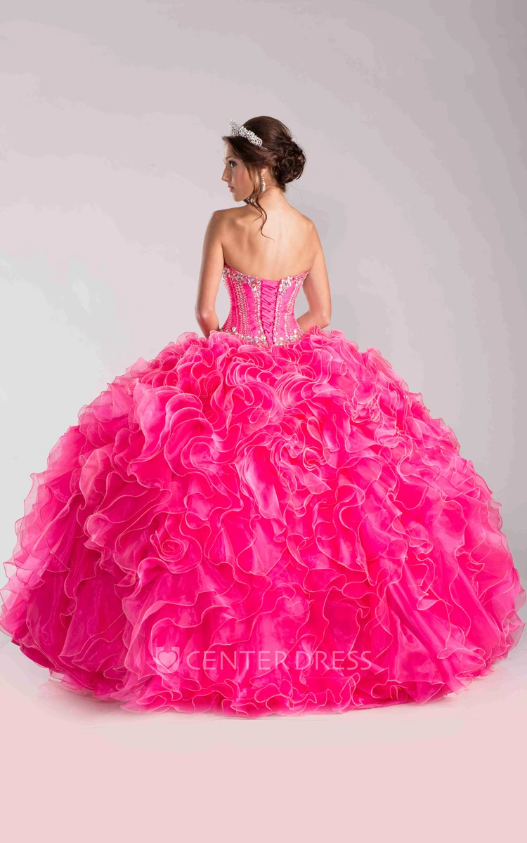 Sequined Corset Ball Gown With Cascading Ruffles And Matching Jacket
