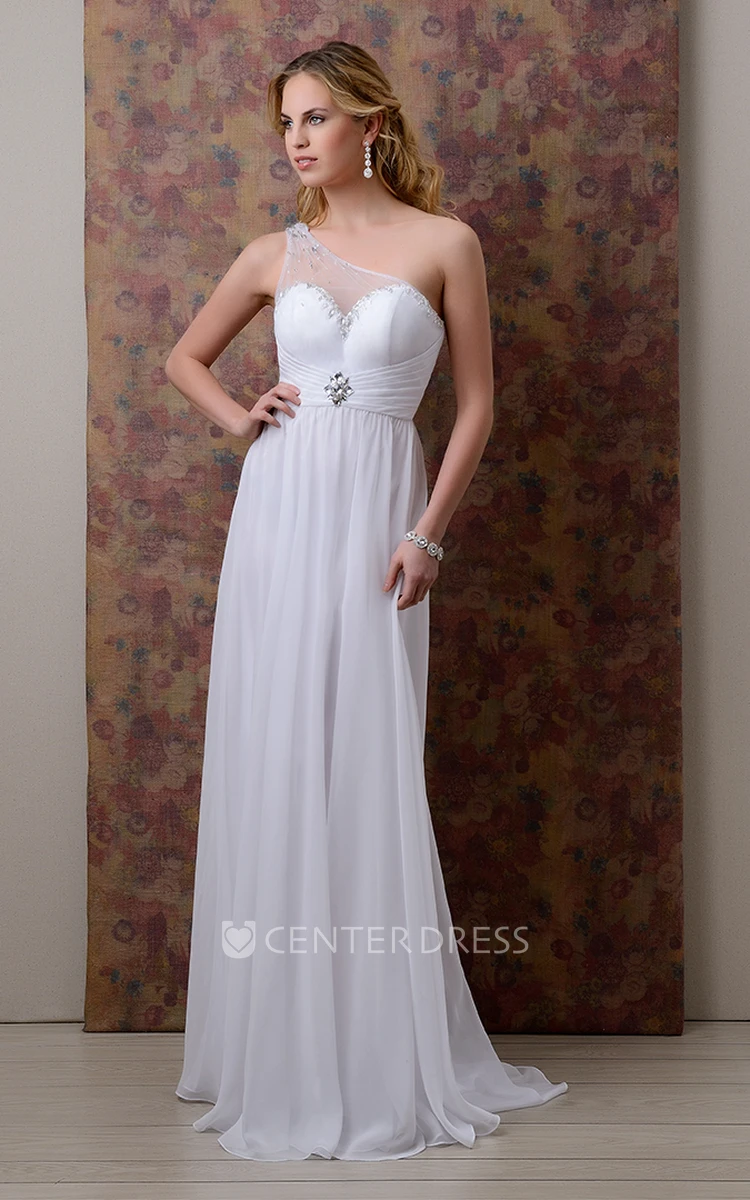 One-Shoulder Chiffon Bridal Gown With Ruching And Rhinestones
