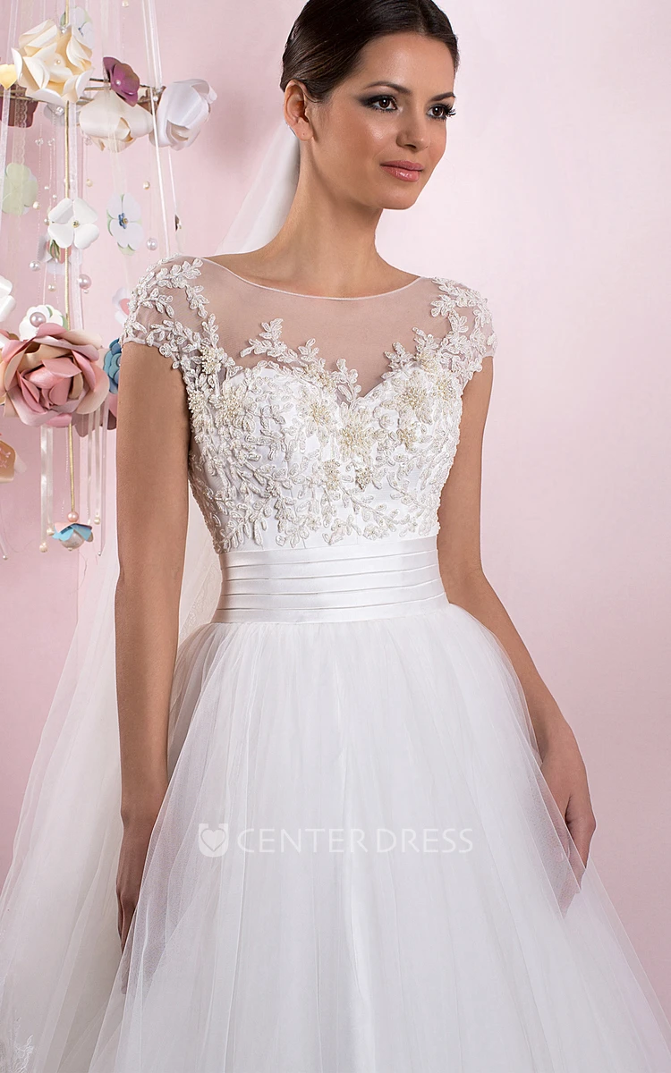 Ball Gown Cap Sleeve Appliqued Scoop Neck Tulle Wedding Dress
