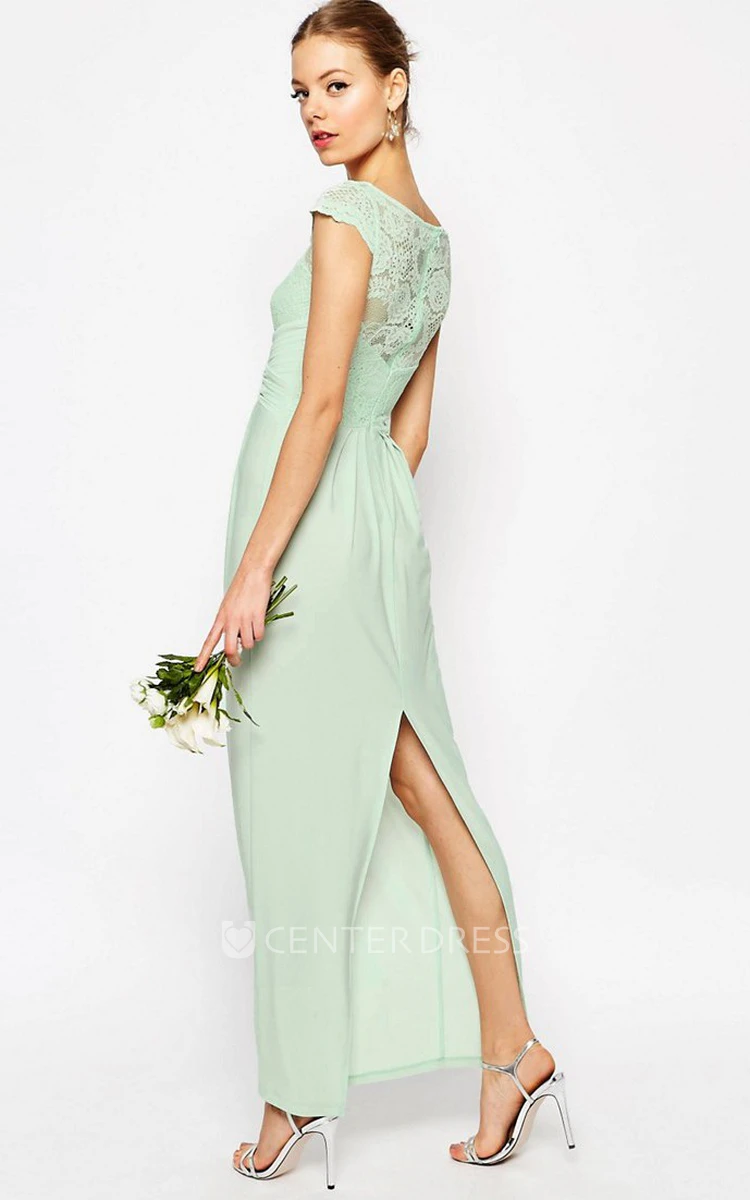 Sheath Ankle-Length Bateau Neck Cap Sleeve Lace Chiffon Bridesmaid Dress