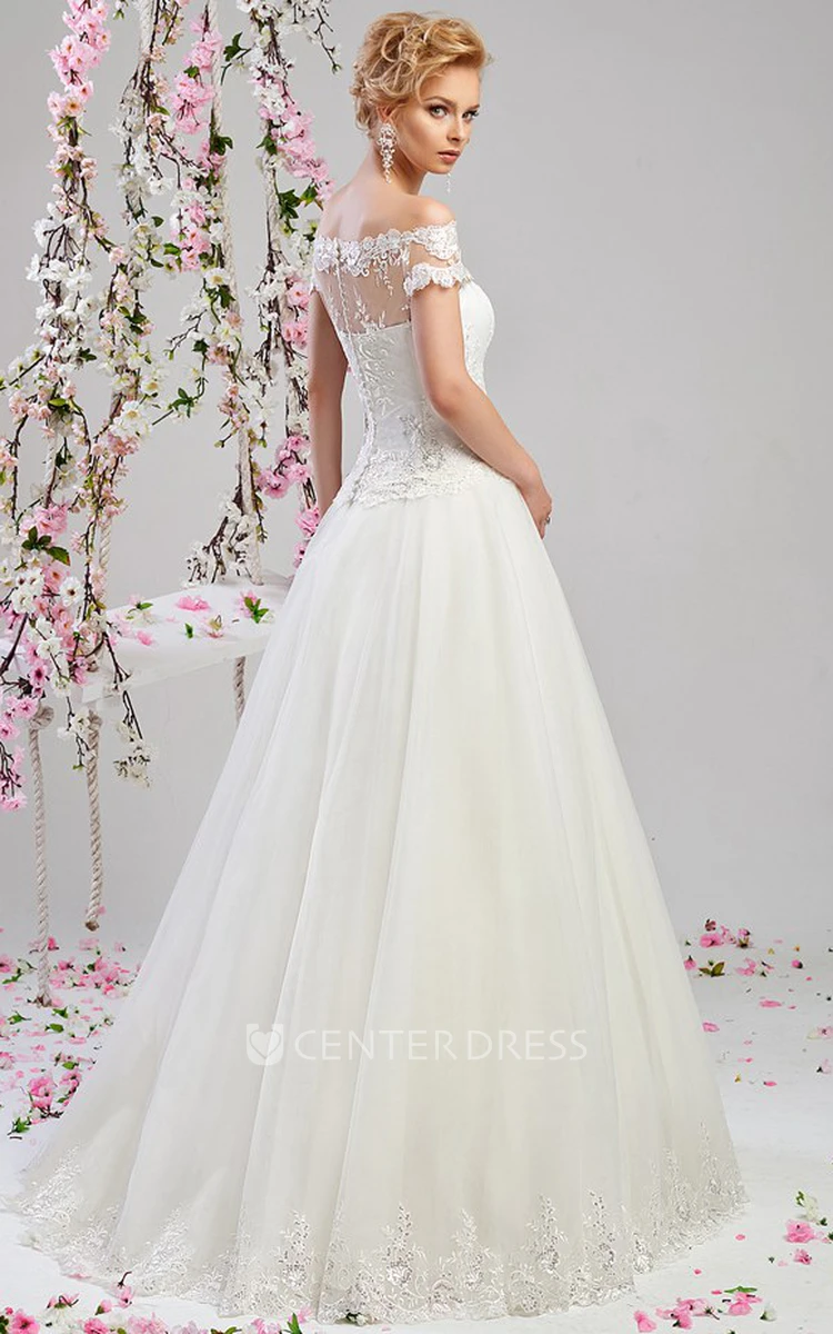 A-Line Maxi Off-The-Shoulder Appliqued Tulle&Satin Wedding Dress