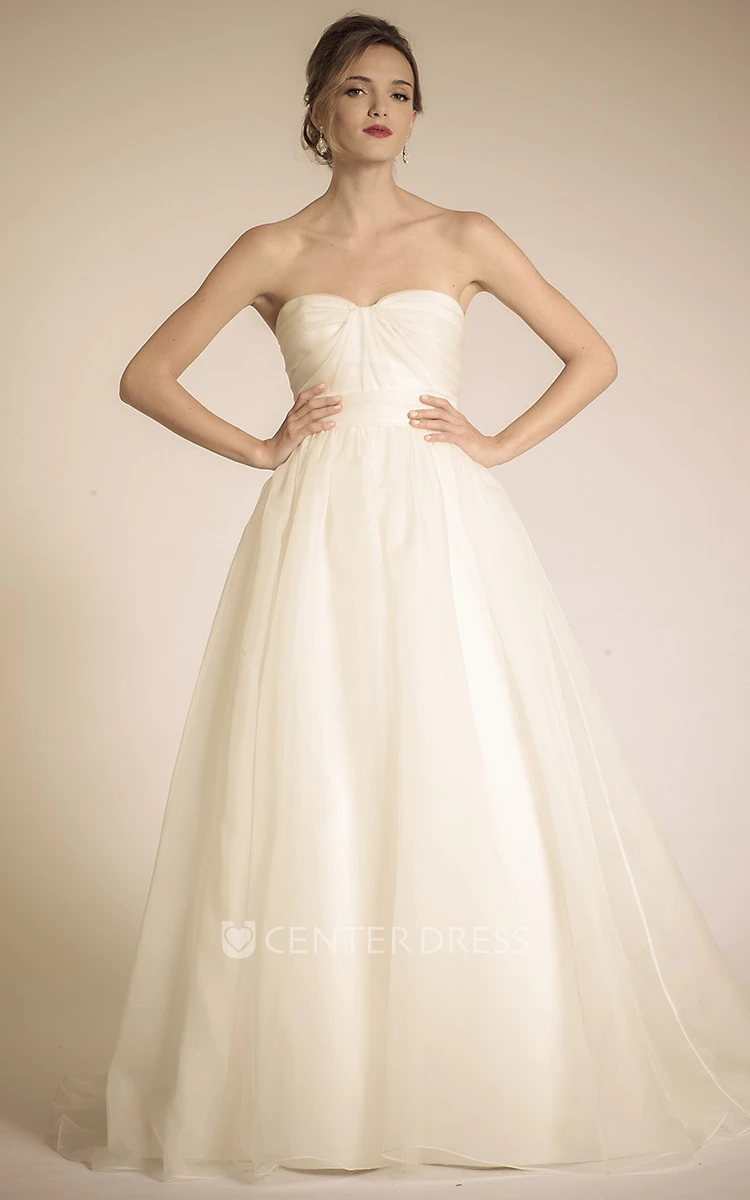 Ball Gown Empire Strapless Maxi Organza Wedding Dress With Ruching And Deep-V Back