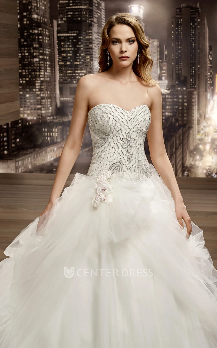 Sweetheart Lace-Up A-Line Bridal Gown With Beaded Bodice And Asymmetrical Ruching Of Overlayer